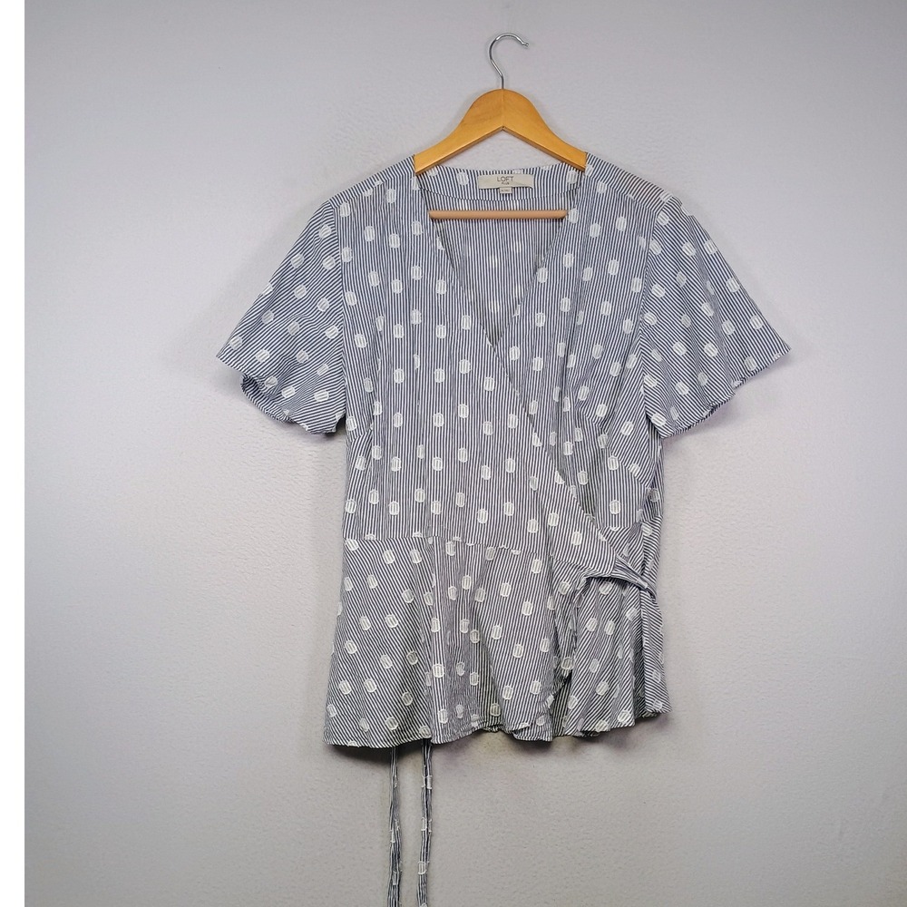 Preppy Nautical LOFT Plus Women 16 Blue Striped Polka Dot Wrap Peplum Blouse Top